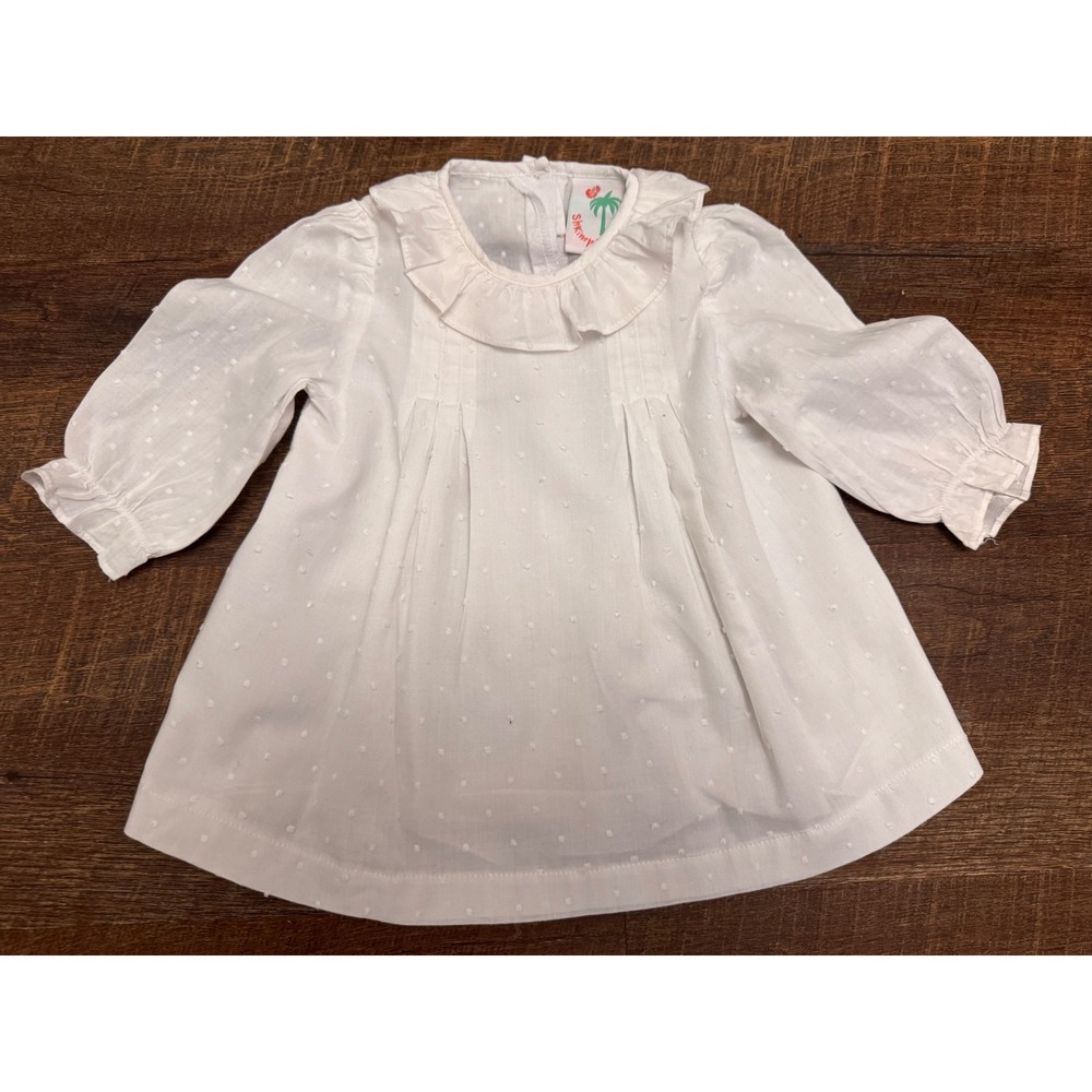 Shrimp & Grits Girls 12M White Swiss Dot Ruffle Collar Long Sleeve Dress